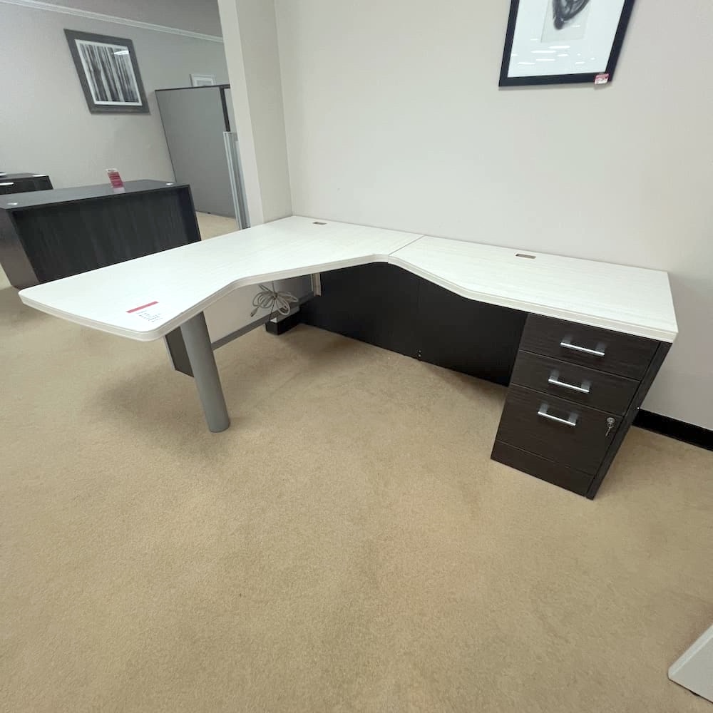 dark grey and white wood laminate l-desk, global brand, box box file, right return, acrylic privacy panel, used office furniture
