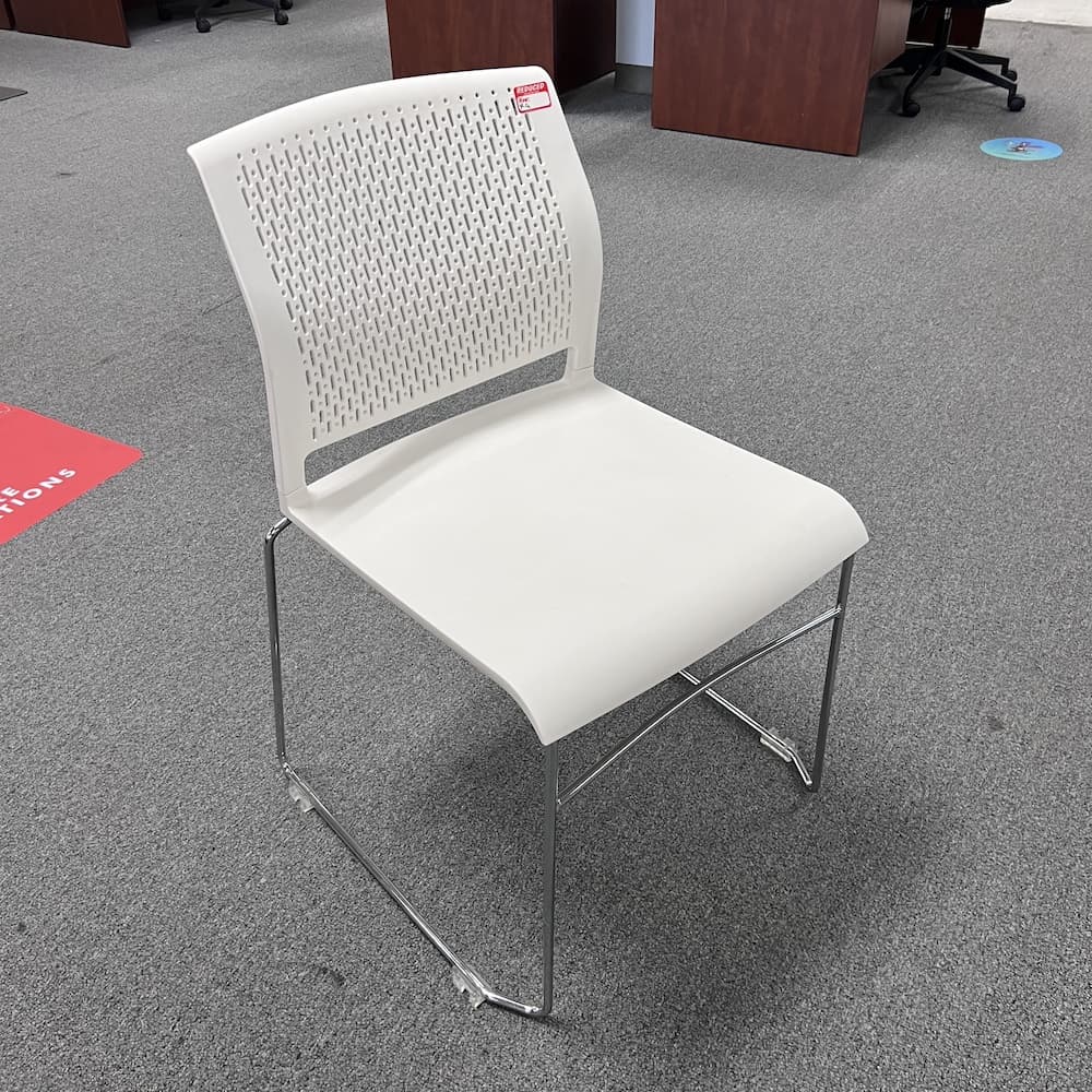 white plastic seat with chrome legs, stacking chair, used office furniture, Kimball, national furniture ditto
