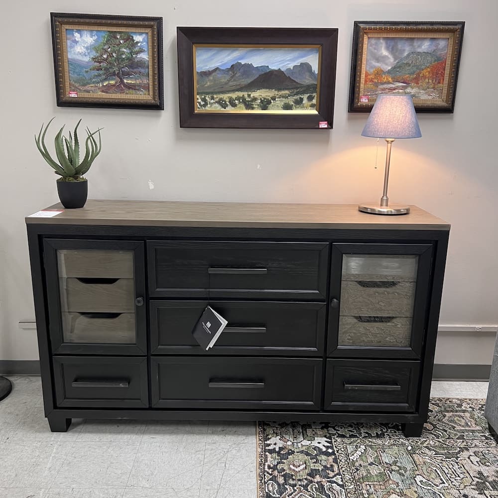 Gotland Millenium dresser buffet storage cabinet, black and walnut veneer drawers, walnut laminate top, home furniture, scratch n dent, office furniture