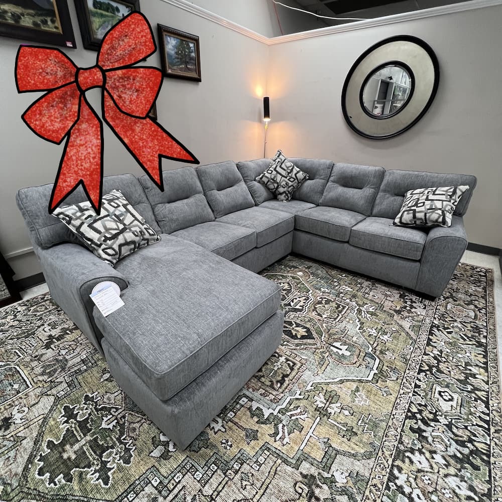 ribbon NEW home furniture furnishings, grey upholstered sofa couch sectional, home goods, living room seating