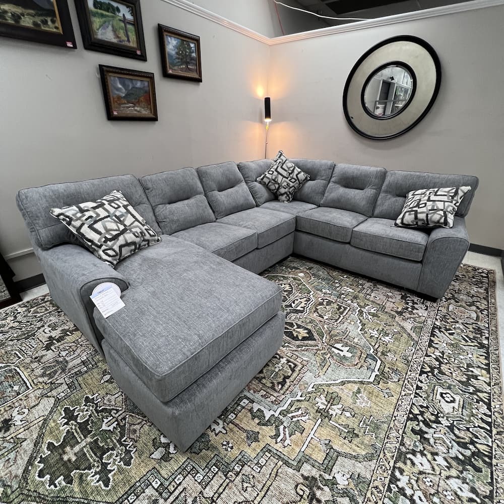 NEW home furniture furnishings, grey upholstered sofa couch sectional, home goods, living room seating