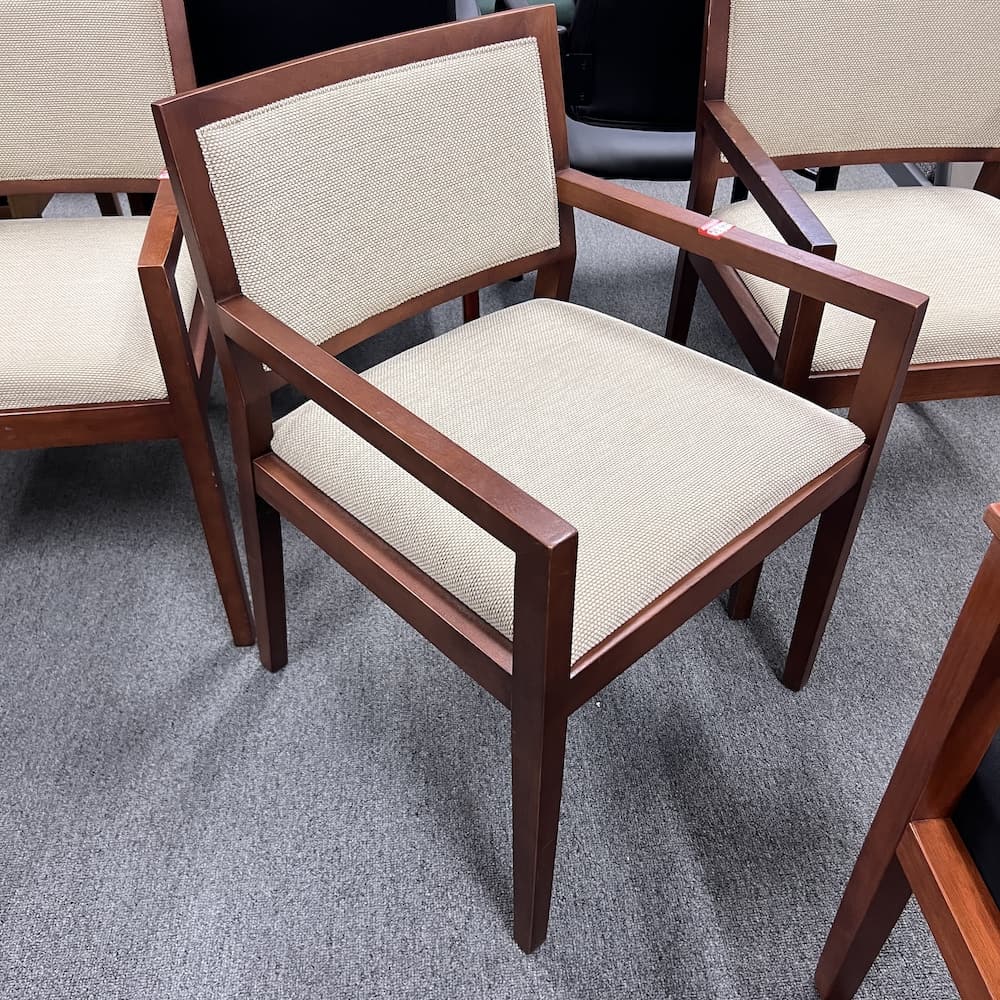 beige upholstered guest chair with cherry arms and base, Bernhardt, used office furniture