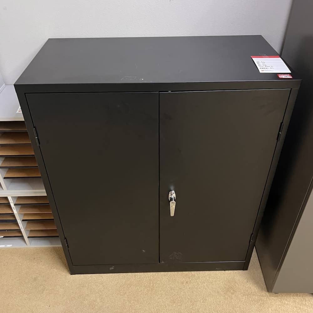 black metal 2 door storage cabinet with shelves on the inside, used office furniture, used storage