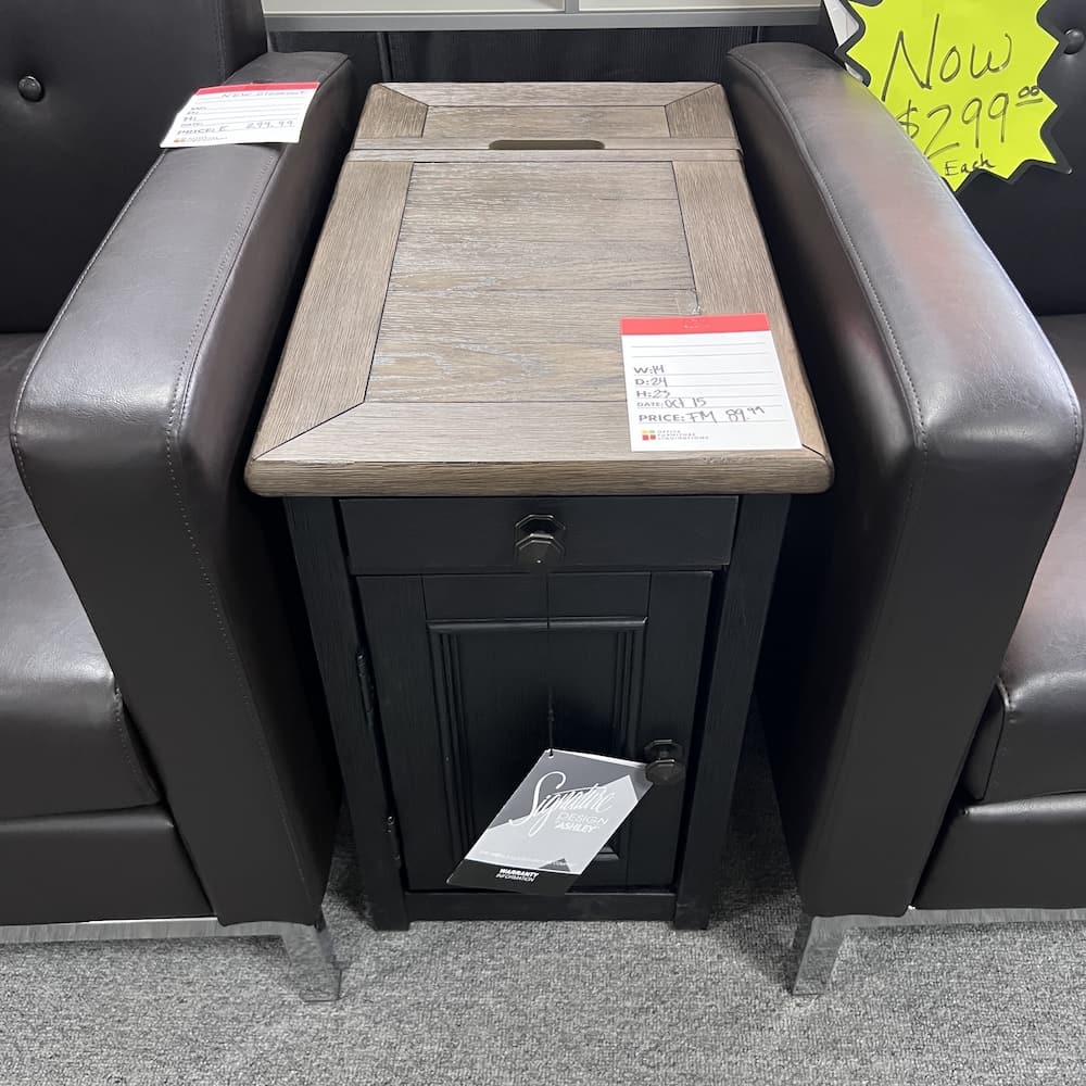 black and walnut side table for sofas and couches, drink holder and power plugs, magazine rack, storage, living room, home furniture