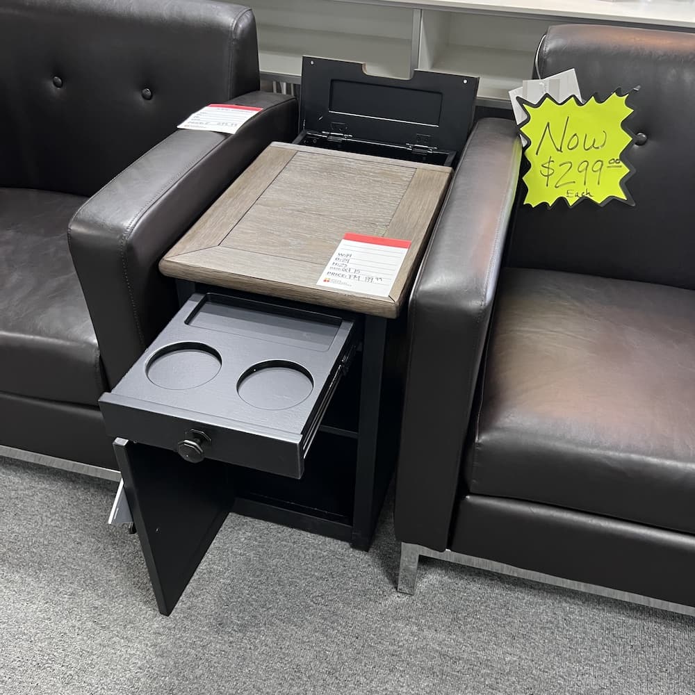 black and walnut side table for sofas and couches, drink holder and power plugs, magazine rack, storage, living room, home furniture