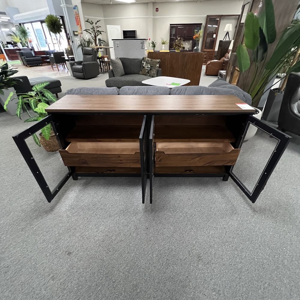 walnut and black tv console with 4 glass doors and two drawers, used home furniture