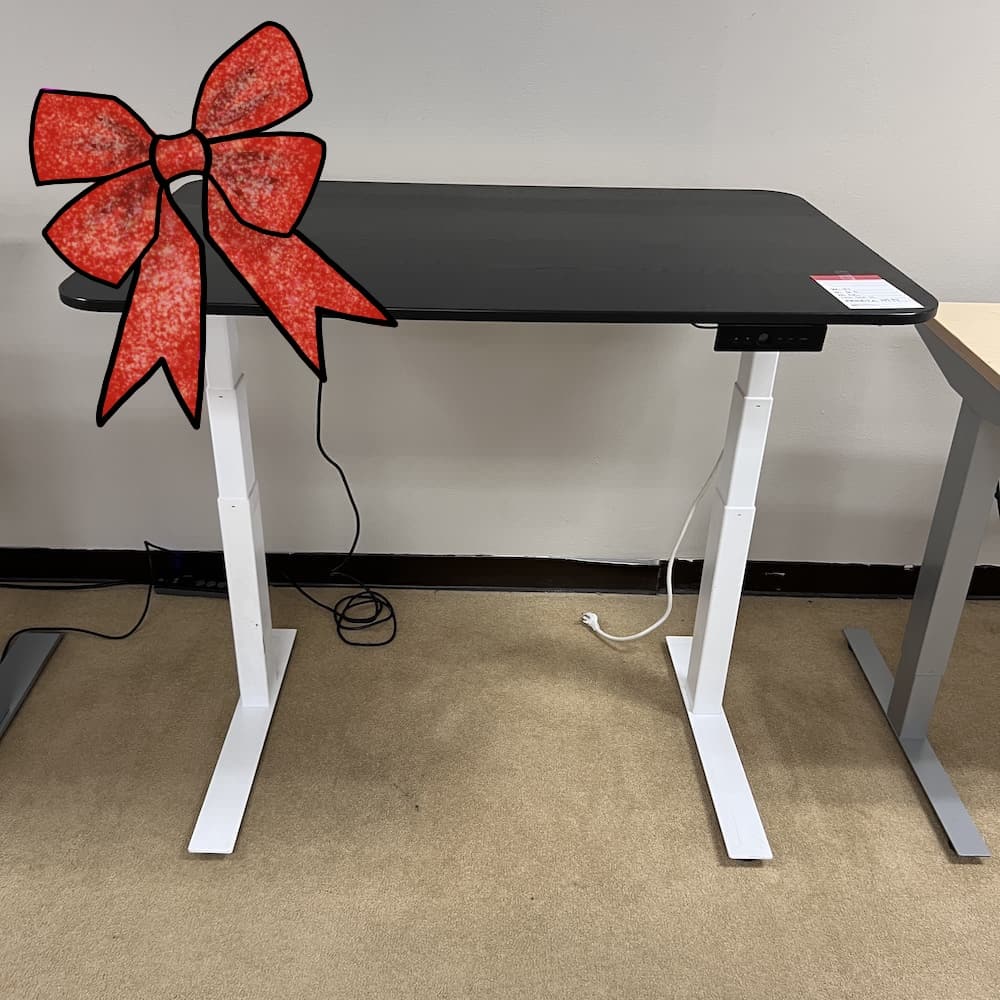 ribbon black laminate standing desk, electric adjustable, white legs, used office furniture