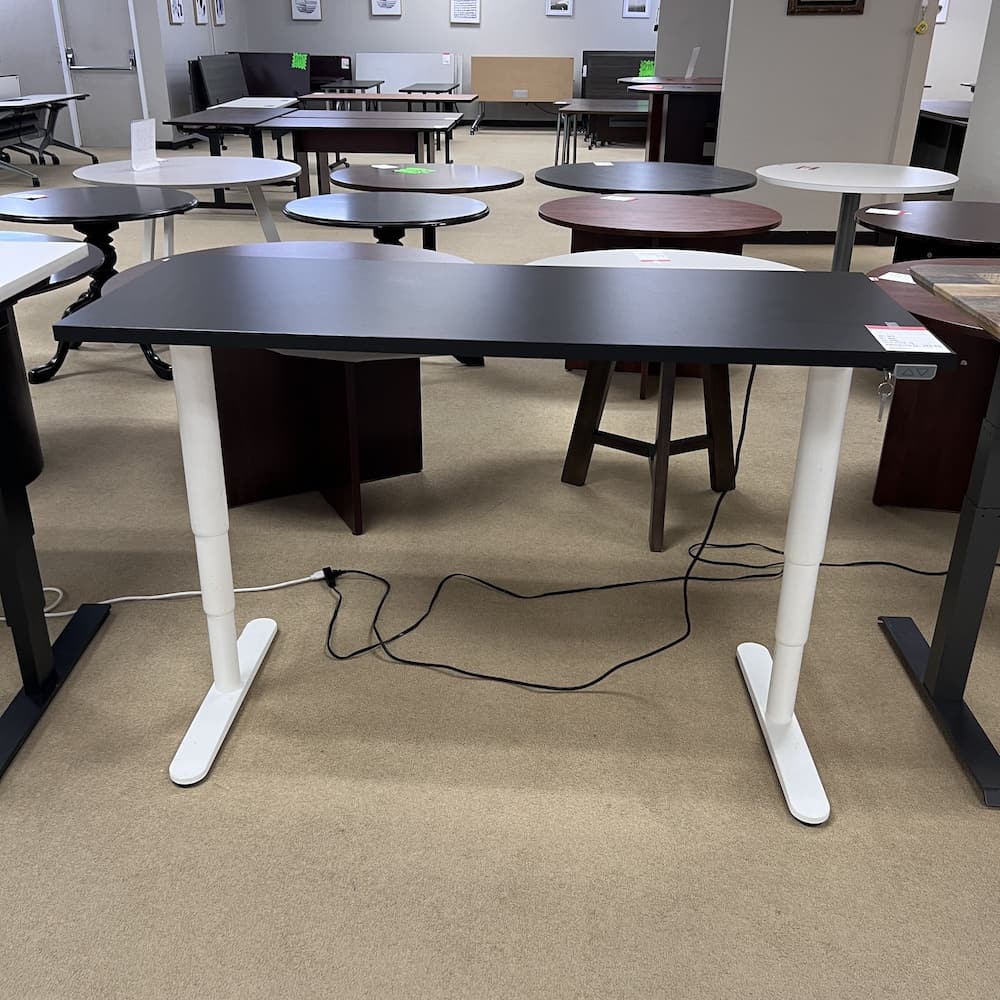 black laminate standing desk, electric adjustable, white legs, used office furniture