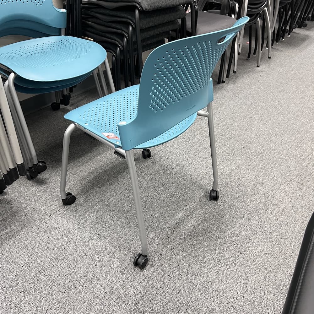blue aqua Herman Miller caper stacking chair, plastic with grey legs, no arms, used office furniture