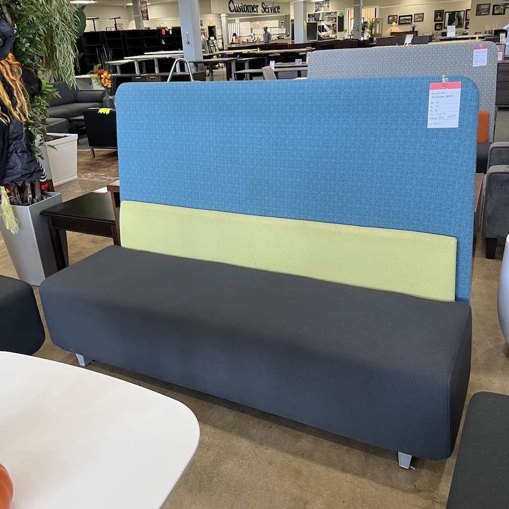 blue, green, and dark grey gunlocks mindshare bench, collaborative seating, office space, used office furniture