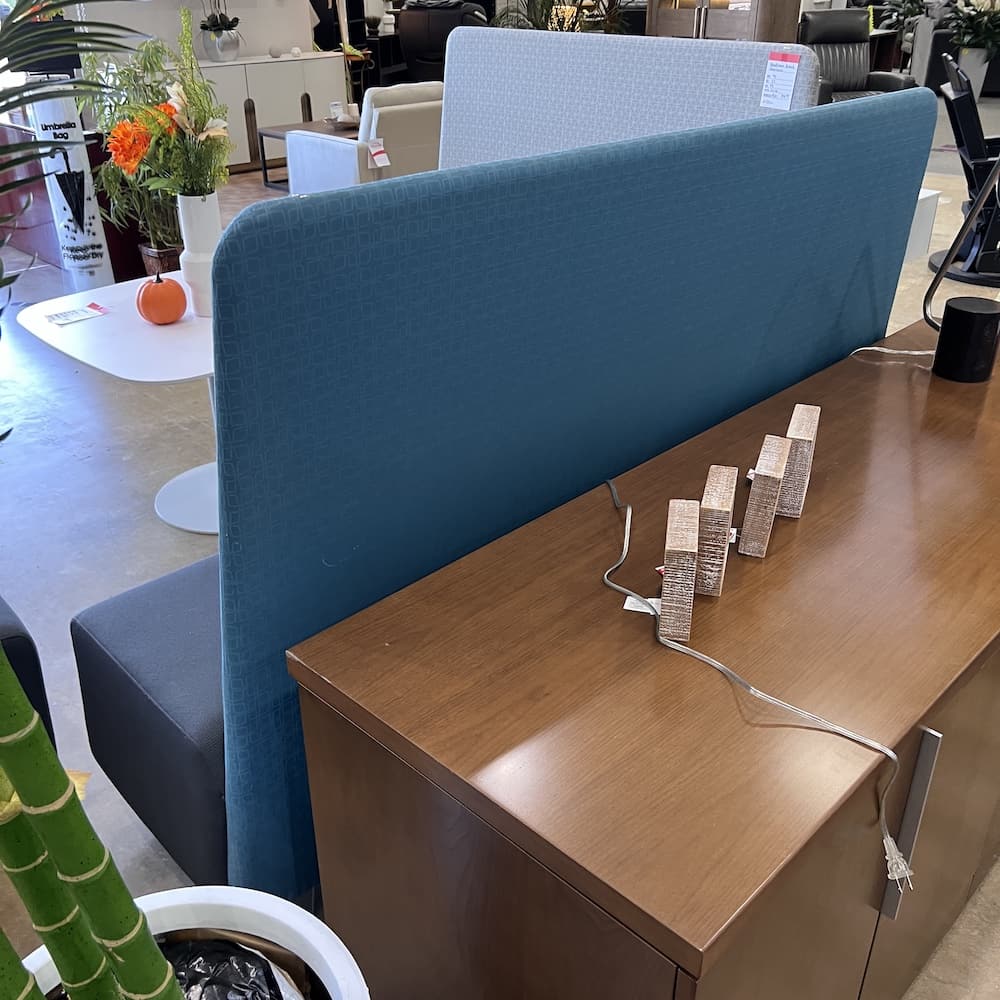 blue, green, and dark grey gunlocks mindshare bench, collaborative seating, office space, used office furniture