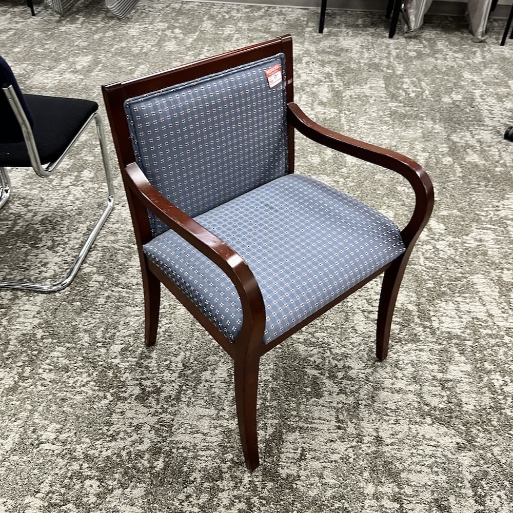 blue upholstered guest chair, mahogany, used office furniture