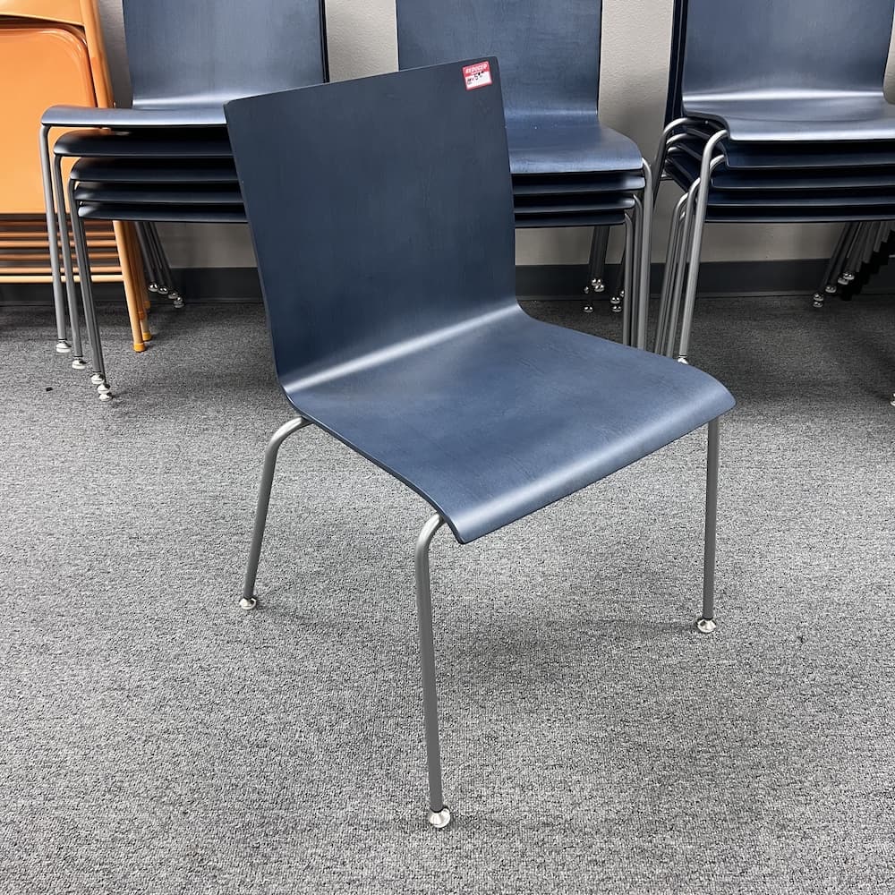 blue veneer wood formed seat, stacking chair, Leland, used office furniture