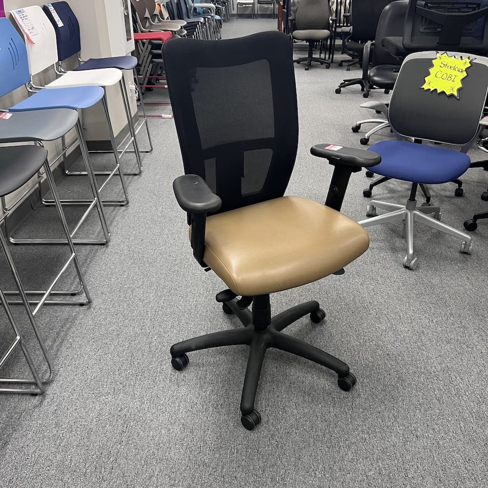 tan seat vinyl with black mesh back, task chair, Kimball mix it, national furniture, used office furniture