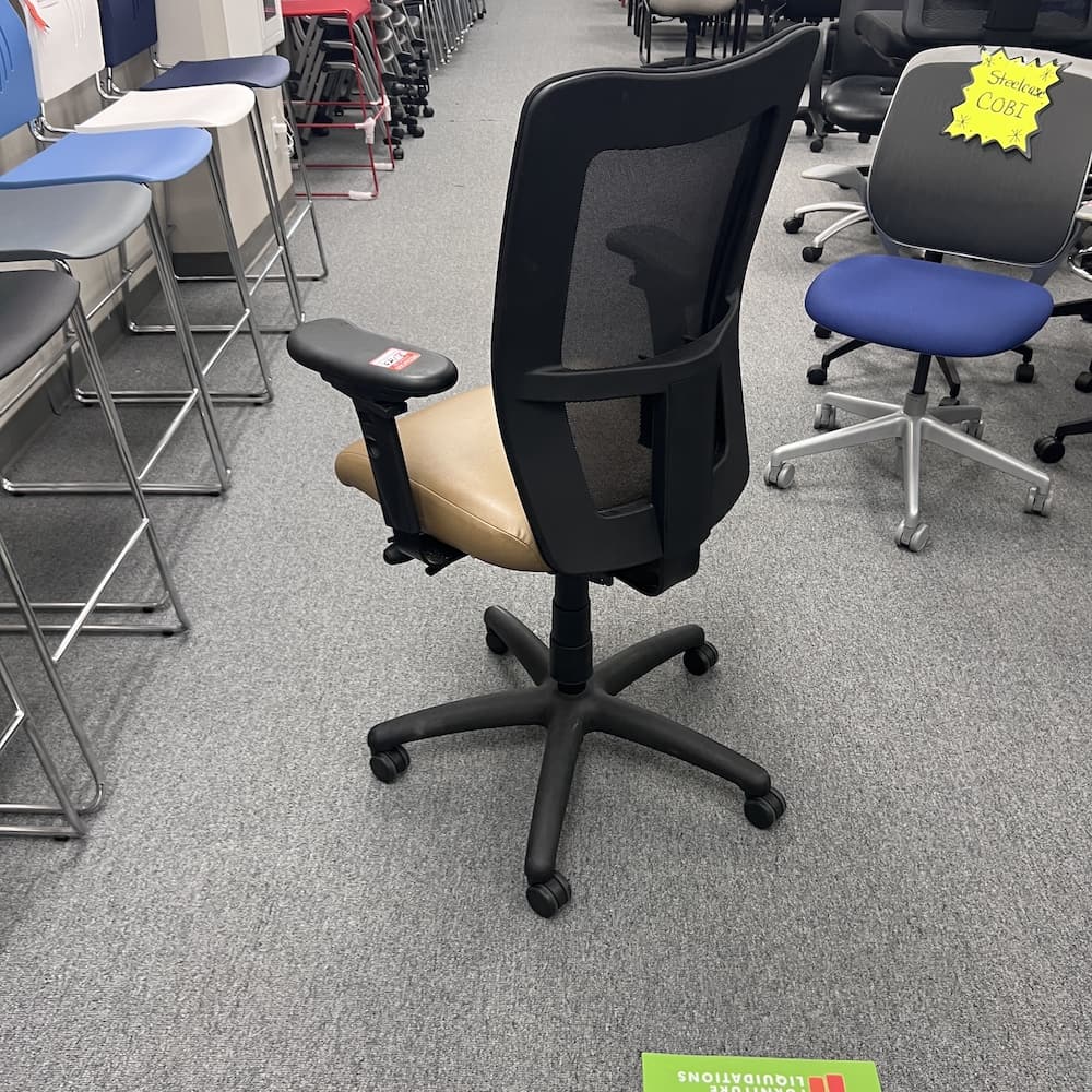 tan seat vinyl with black mesh back, task chair, Kimball mix it, national furniture, used office furniture