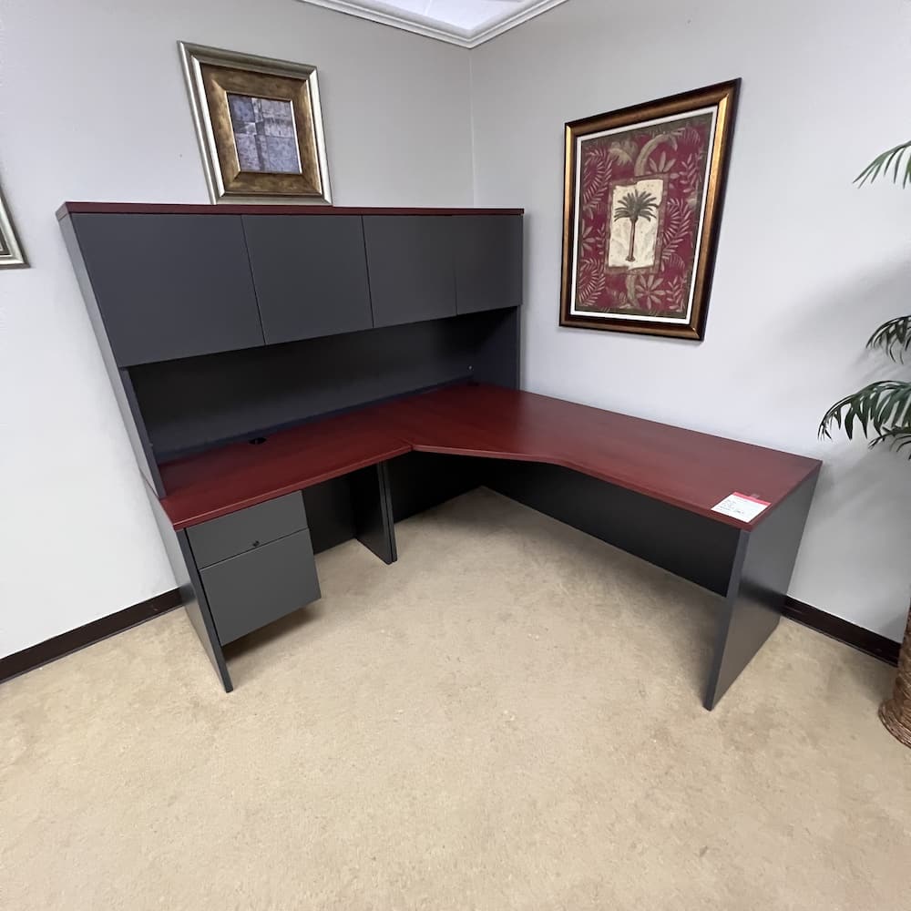 cherry laminate with grey laminate mix up, lacasse brand L-desk, L-shaped, with hutch, used office furniture