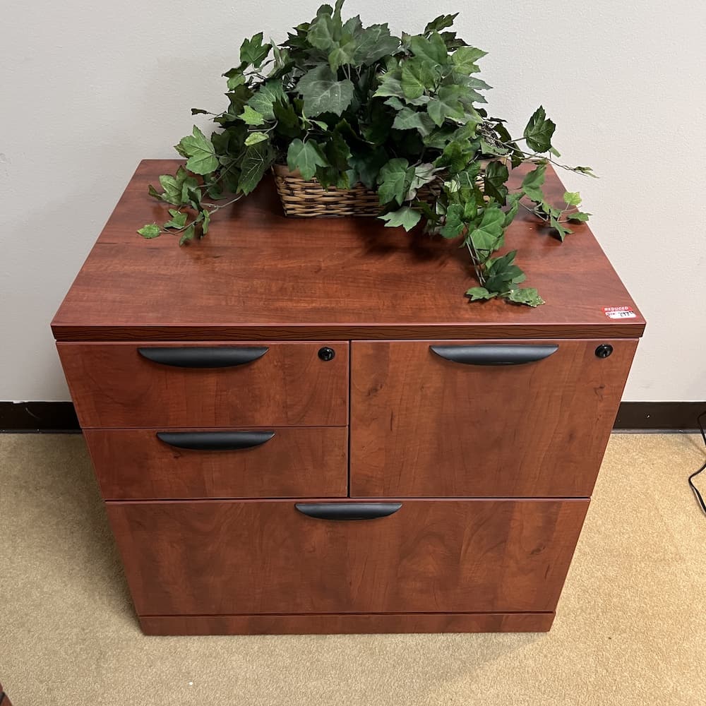 cherry laminate combo file with black pulls, used office furniture, filing cabinet, lateral