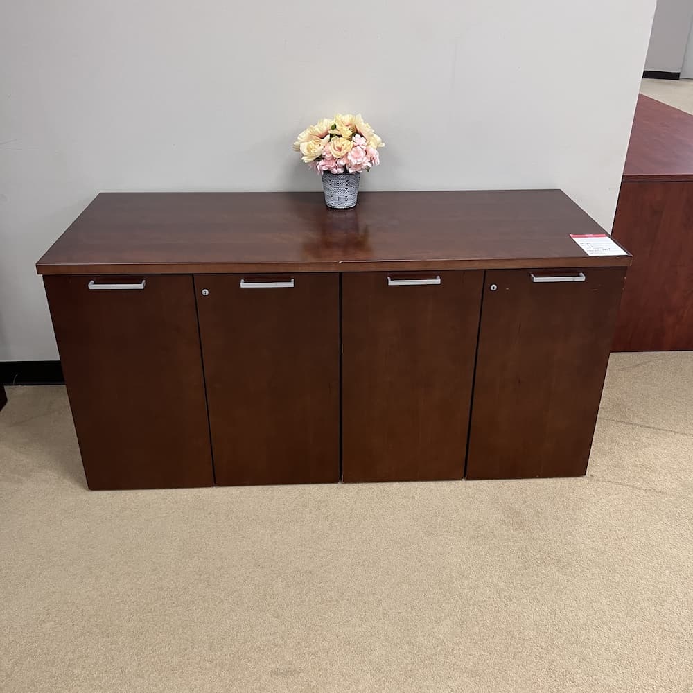 cherry walnut veneer wood storage cabinet with 4 doors and silver handles, used office furniture