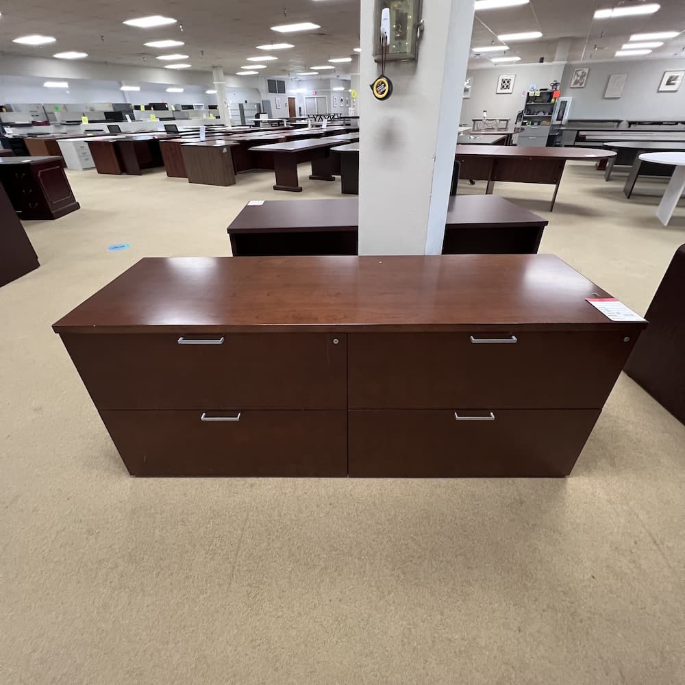 cherry walnut veneer wood storage cabinet with 4 drawer lateral and silver handles, used office furniture