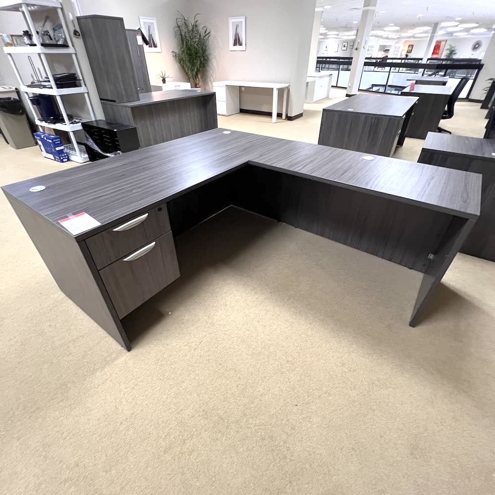 coastal grey laminate l-desk right return with single hanging box/file, silver handles