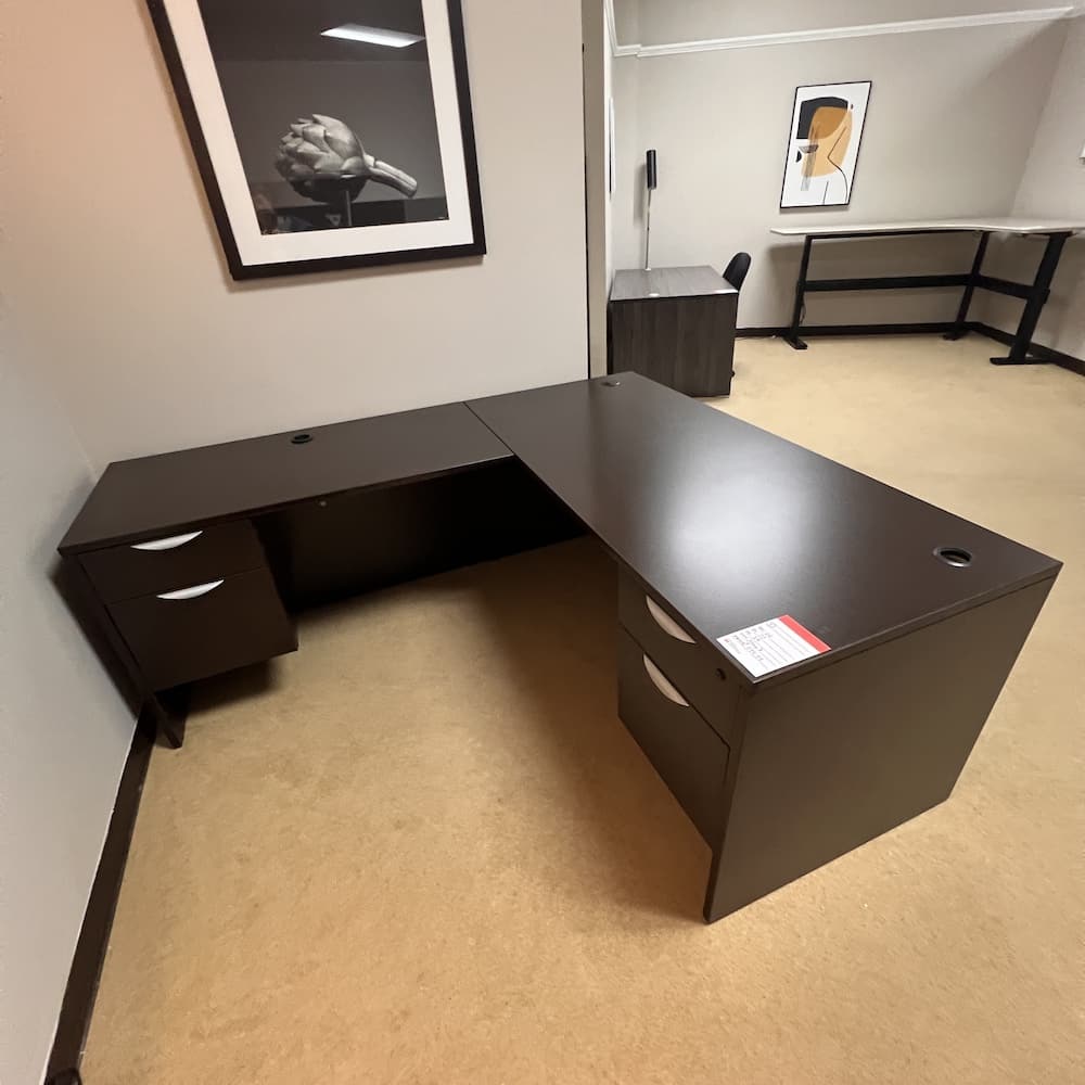 espresso l-desk left return with double hanging box/file and silver pulls laminate used furniture office