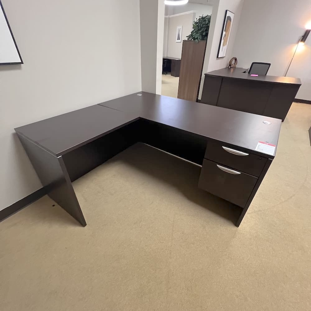 espresso laminate L-desk left return with single box file, used office furniture