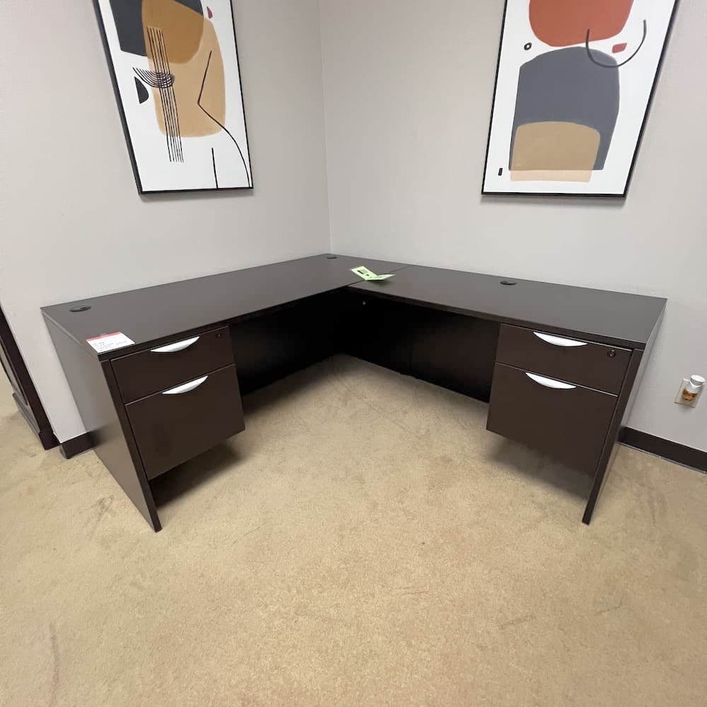 espresso l-desk right return with double hanging box/file, used office furniture