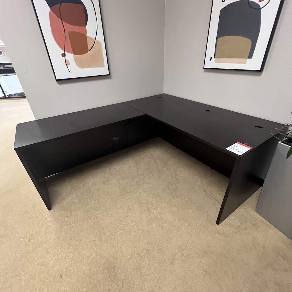 espresso laminate L-desk shell, used office furniture