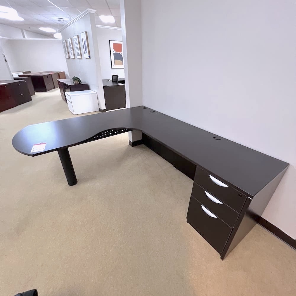 espresso laminate l-desk right return with box box file and solve pulls, used office furniture