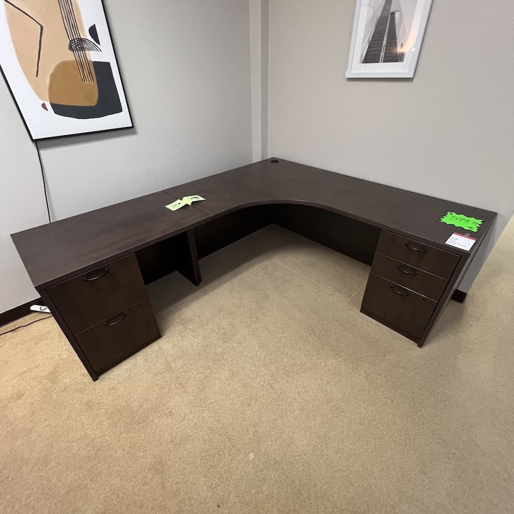 steelcase espresso laminate l-desk left return with black pulls, double pedestal, used office furniture