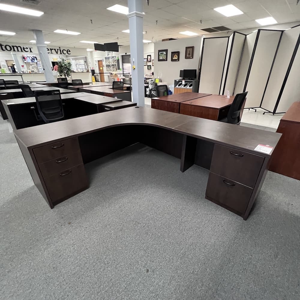 steelcase espresso laminate l-desk right return with black pulls, double pedestal, used office furniture
