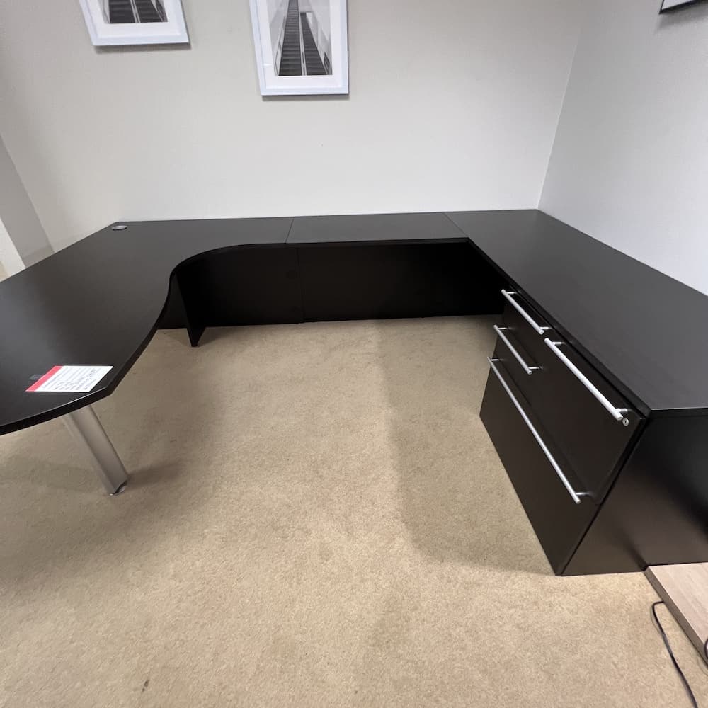 espresso bullnose bulletnose u-desk right return, multi-file, combo-file, cherryman brand, used office furniture