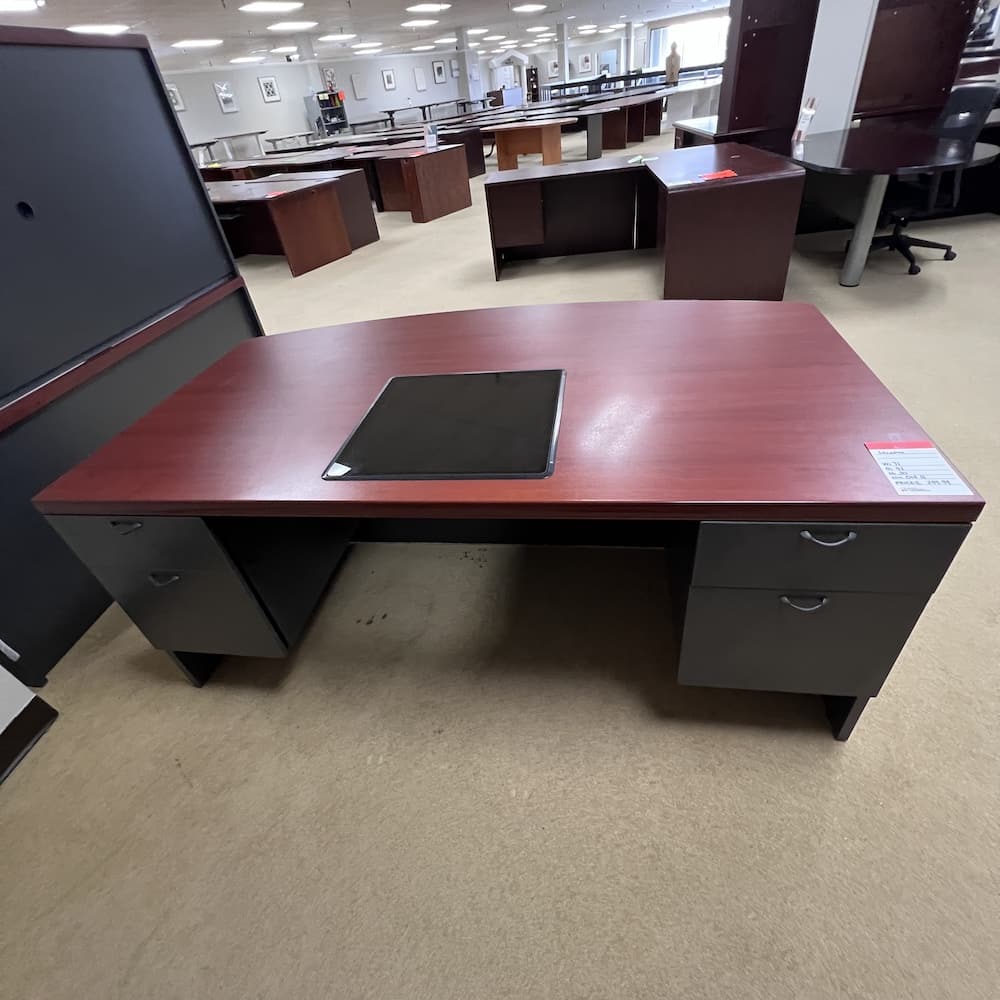 cherry laminate with grey laminate mix up, lacasse brand bow front desk with double hanging box/file, used office furniture