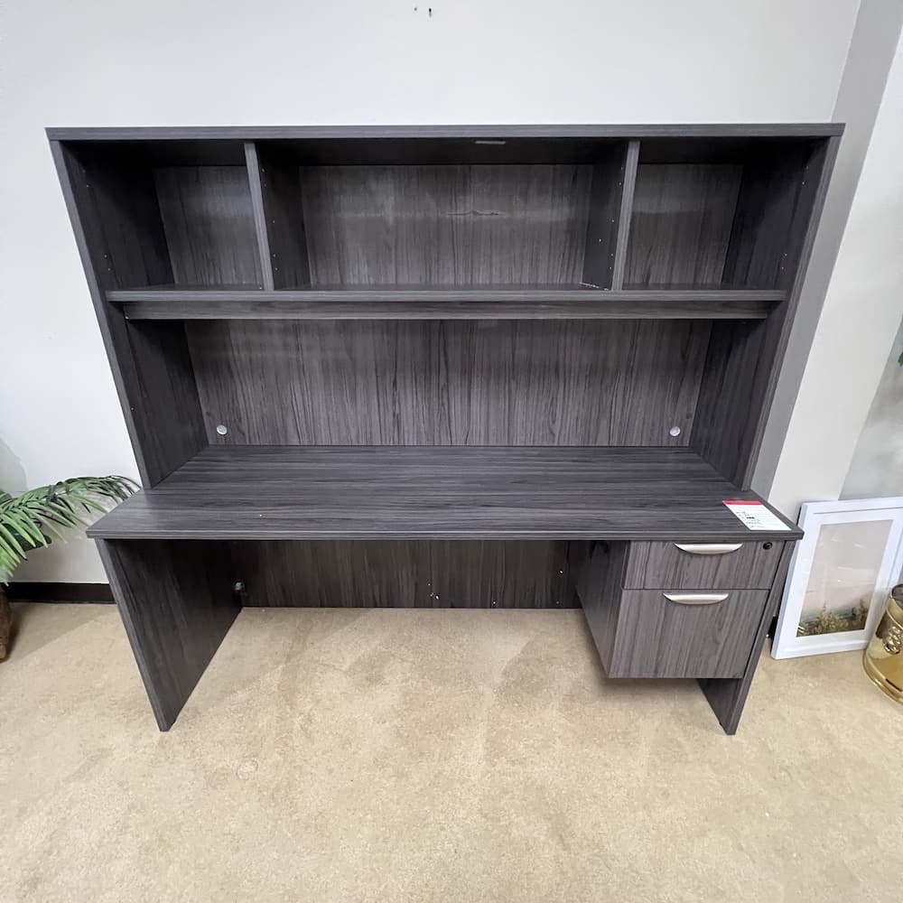 grey laminate desk with open hutch, single hanging box file, used office furniture