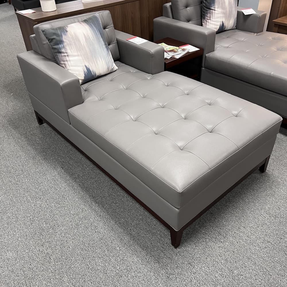 medium grey vinyl chaise lounge chair with walnut veneer base, used furniture, seating, home