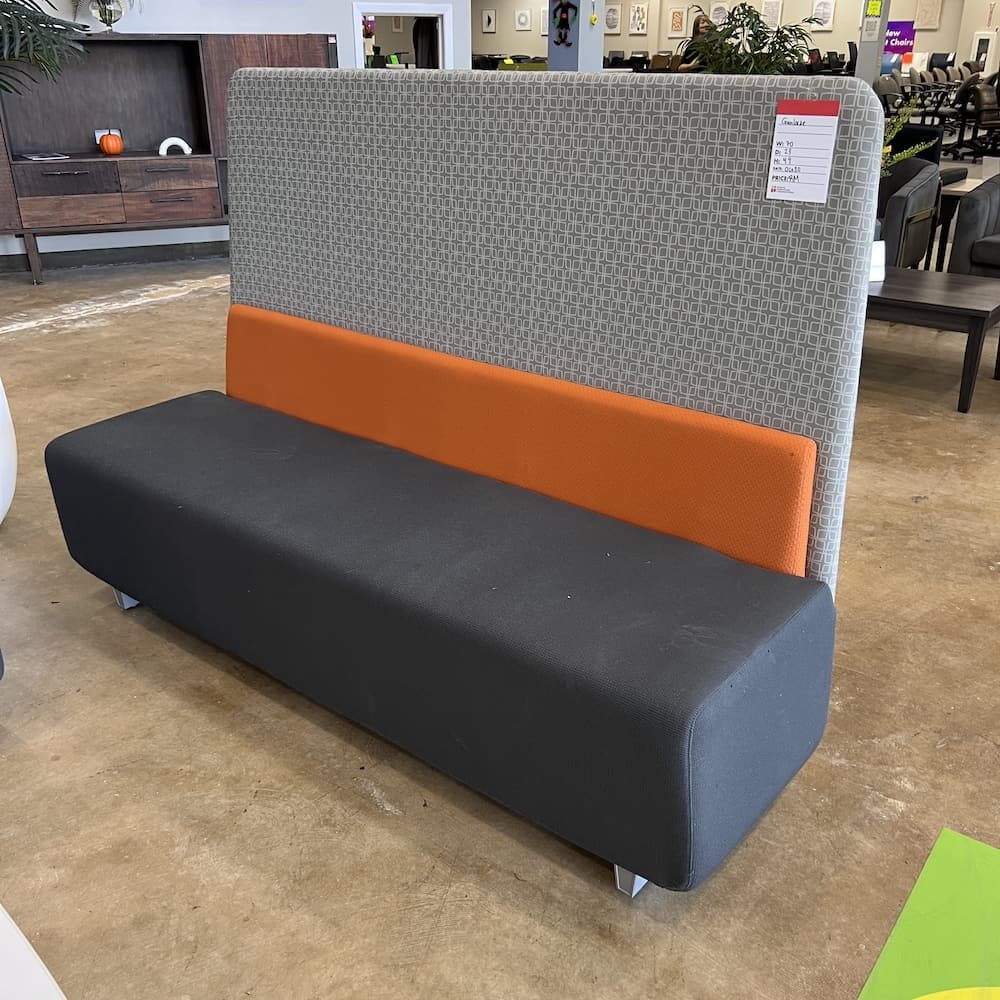 orange grey upholstered bench, gunlocks mindshare bench, corporate seating, collaboration areas, used office furniture, school educational