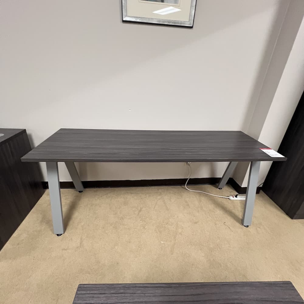 grey laminate desk table with grey metal oblique legs, used office furniture