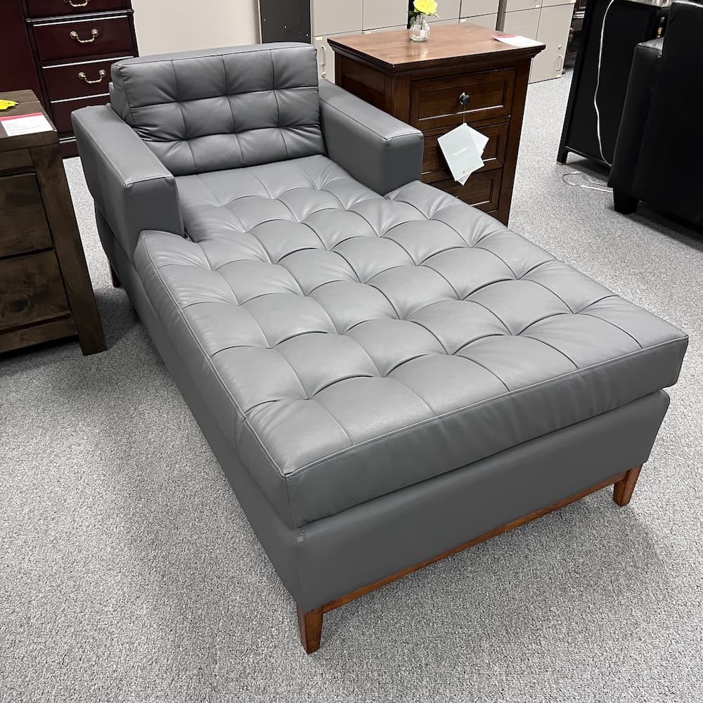 grey vinyl chaise lounge chair with walnut veneer base, used furniture, seating, home