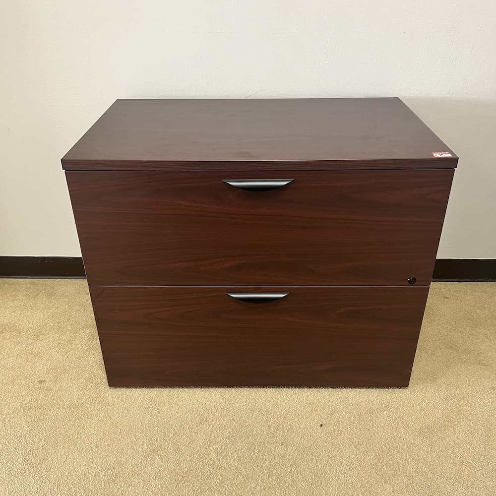 mahogany laminate 2 drawer lateral filing cabinet, used office furniture