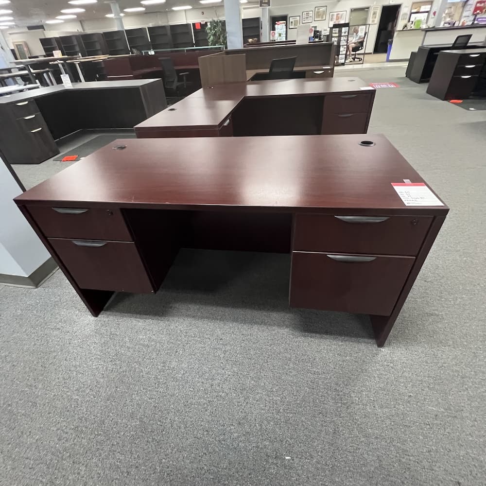 mahogany double pedestal hanging box/file desk with black handle pulls, used office furniture