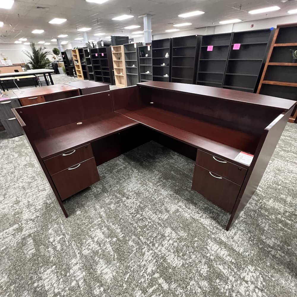 mahogany laminate reception l-desk, left return, 2 hanging box/files, used office furniture