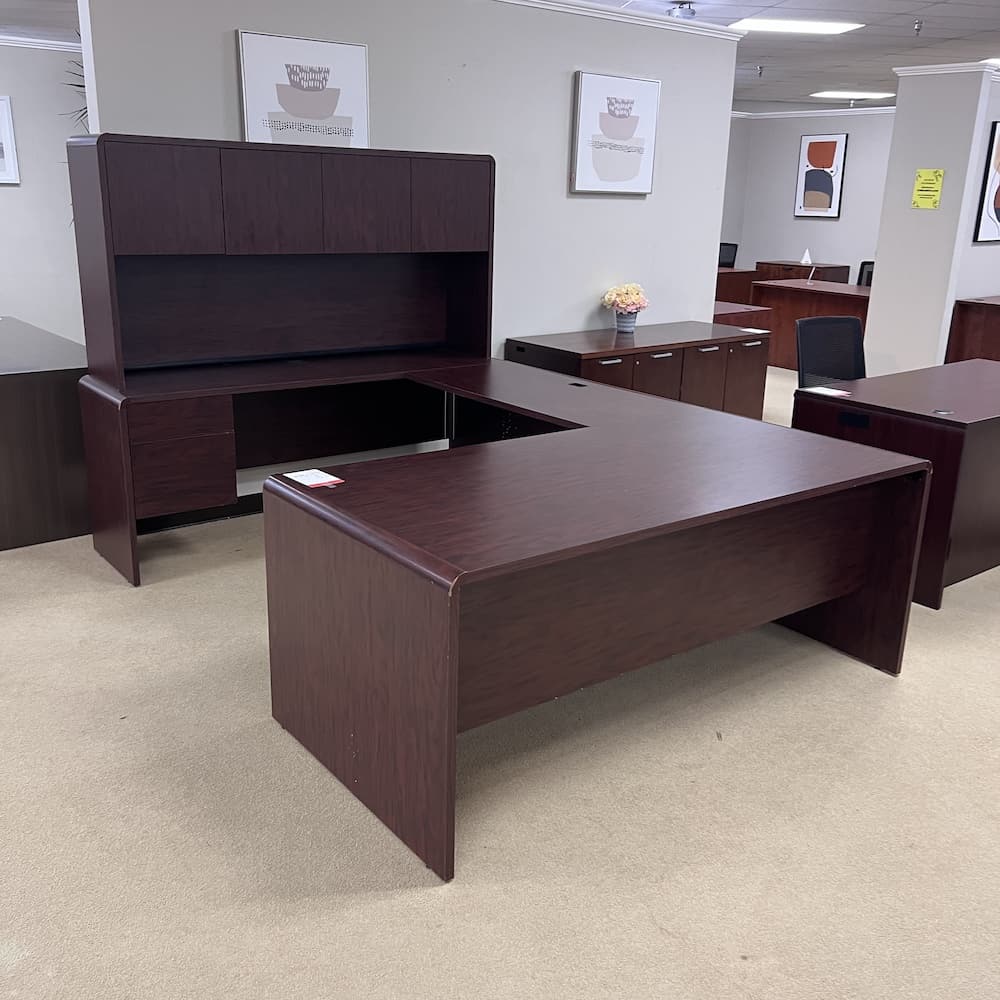 mahogany laminate u-desk left return with hutch, double hanging box/files, used office furniture, hon brand