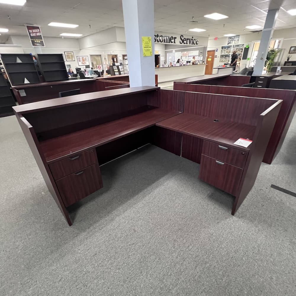 mahogany laminate reception l-desk, left return, 2 hanging box/files, used office furniture