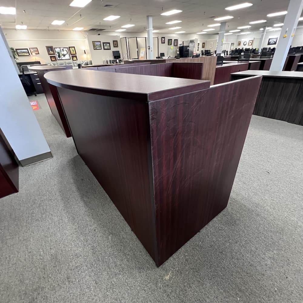 mahogany laminate reception l-desk, left return, 2 hanging box/files, used office furniture