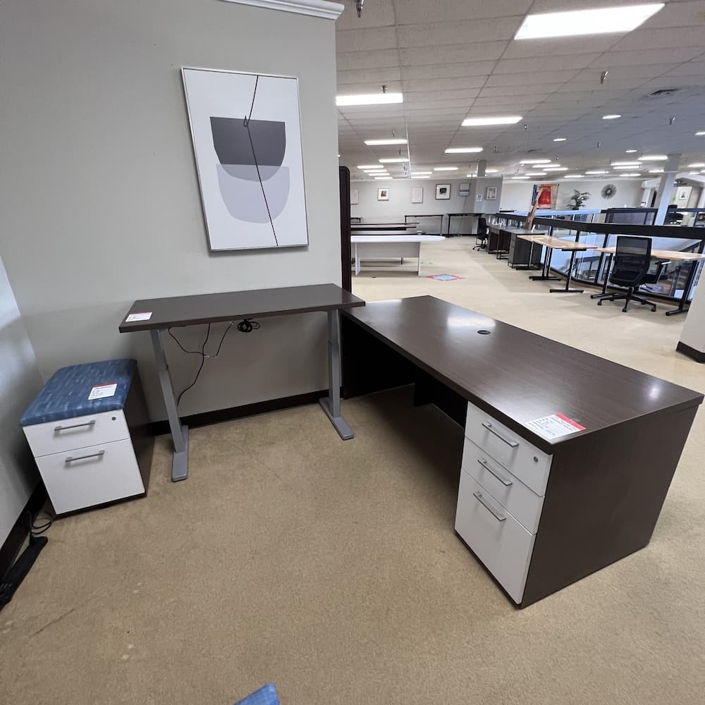 walnut and white laminate desk set with height adjustable and rolling file/vertical pedestal