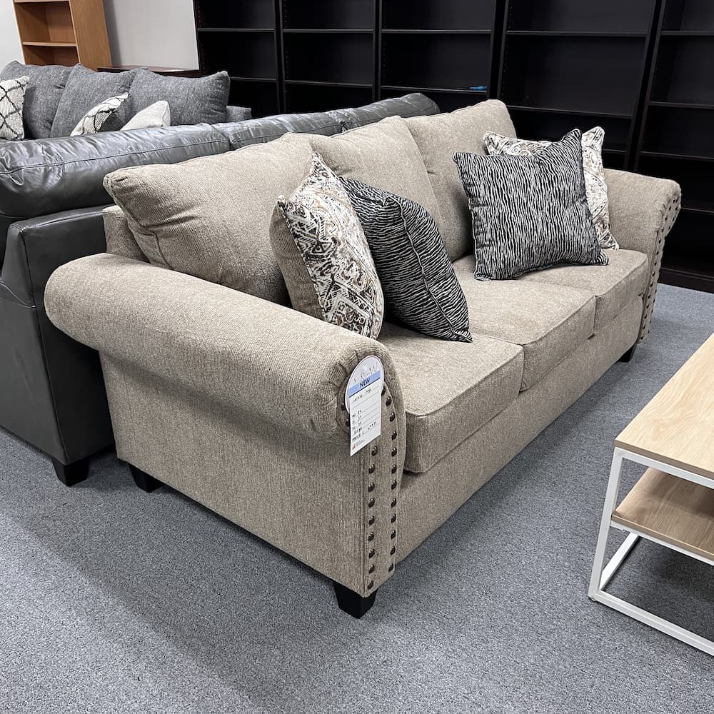 beige upholstered 3 seater sofa couch with nail head details, home furniture, lounge furniture, seating