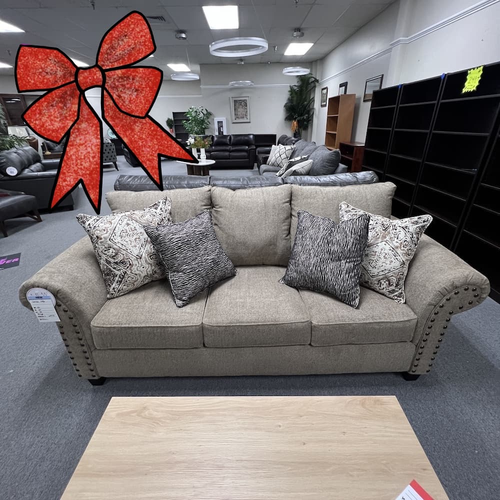 ribbon beige upholstered 3 seater sofa couch with nail head details, home furniture, lounge furniture, seating