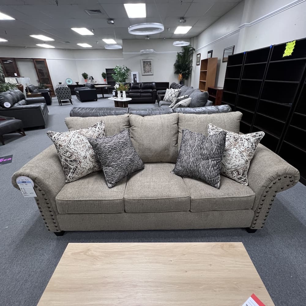 beige upholstered 3 seater sofa couch with nail head details, home furniture, lounge furniture, seating