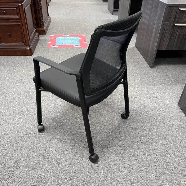 New, black vinyl rolling duo guest chair, mesh back, arms, office furniture