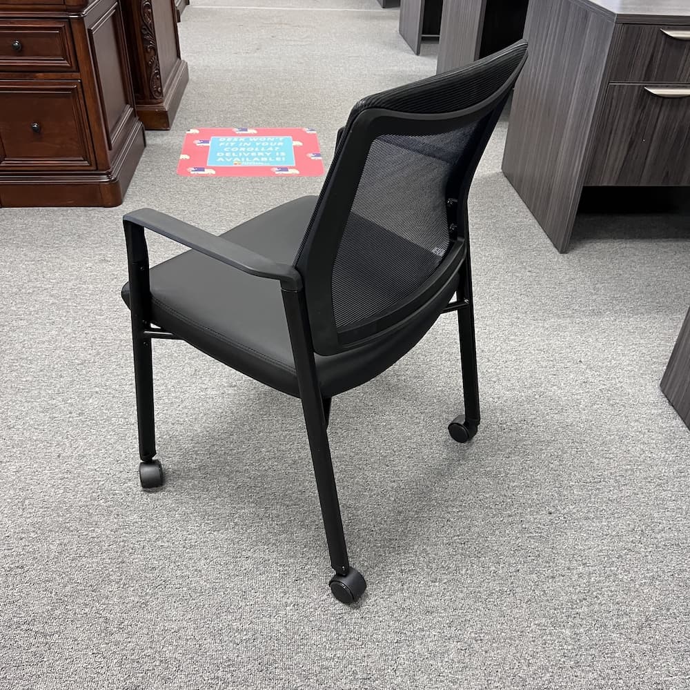 New, black vinyl rolling duo guest chair, mesh back, arms, office furniture